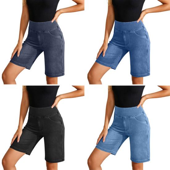 Stretchy Jean Shorts for Women High Waisted Tummy Control Pull On Denim Shorts Summer Casual Knee Length Jorts with Pockets
