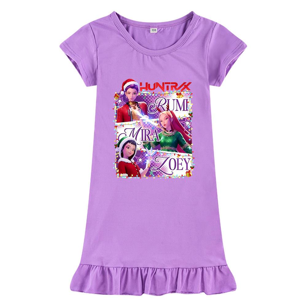 M1265 Kids Girls Christmas New Year Kpop Rumi Zoey Mira Print Short Sleeves Ruffle Dress
