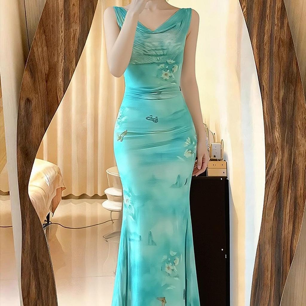 Mint Green Fishtail Maxi Dress with Butterfly Print and Pleated Waist