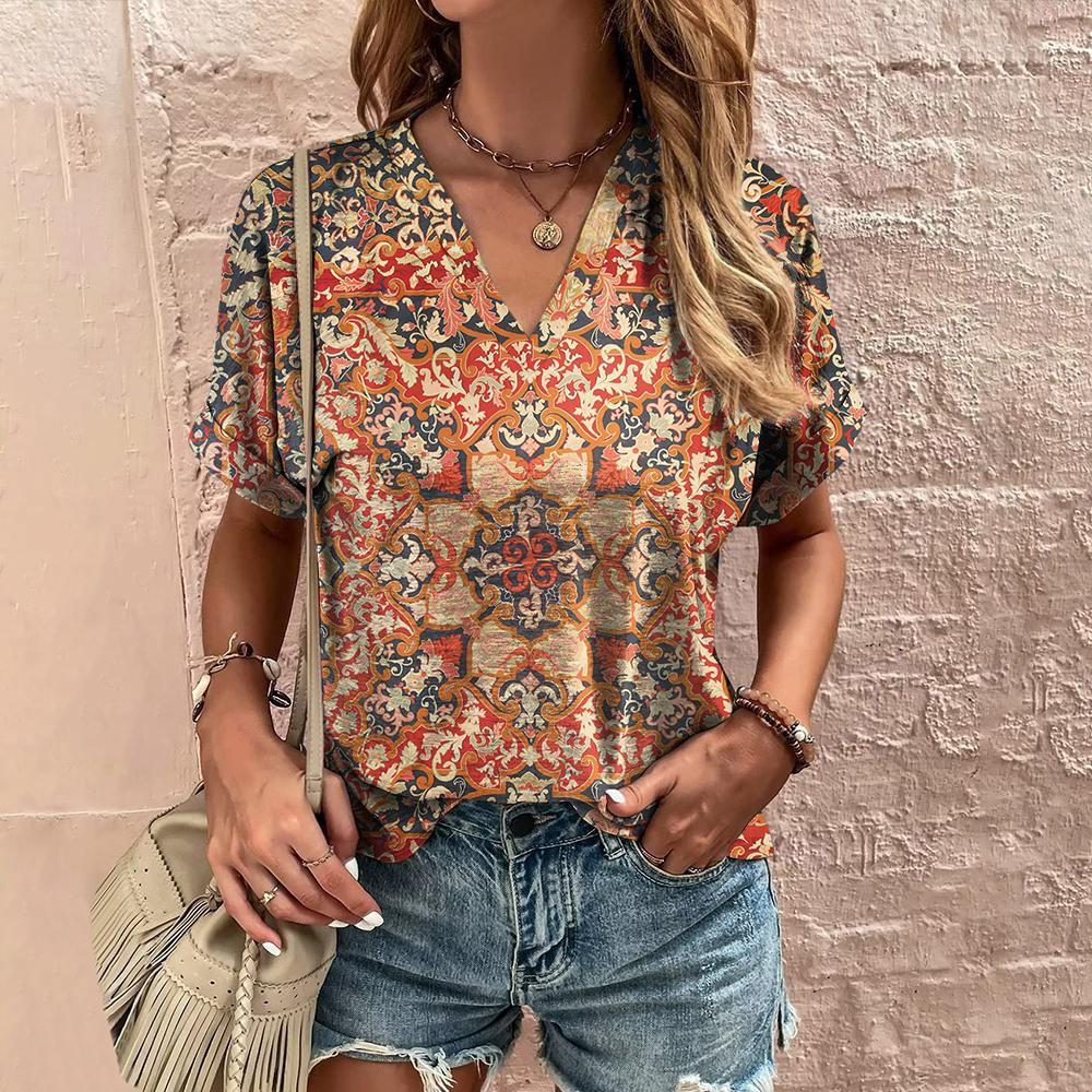 Women's T-shirt retro floral print summer casual V-neck women's clothing short-sleeved T-shirt women's fashion