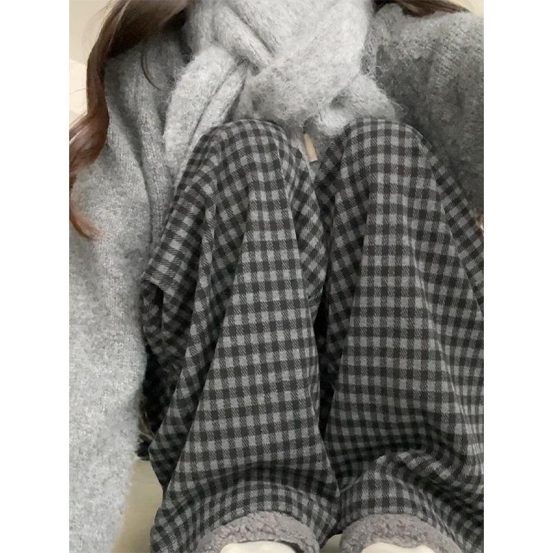 

Korean Retro High Waist Plaid Wool-Blend Fleece Lined Wide-Leg Pants XS 2XL (for 131-150 jin)