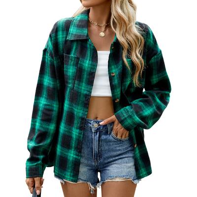 Veste de printemps et d'automne pour femme, chemisier grande taille, revers, manches longues, poche, bouton, chemise à carreaux