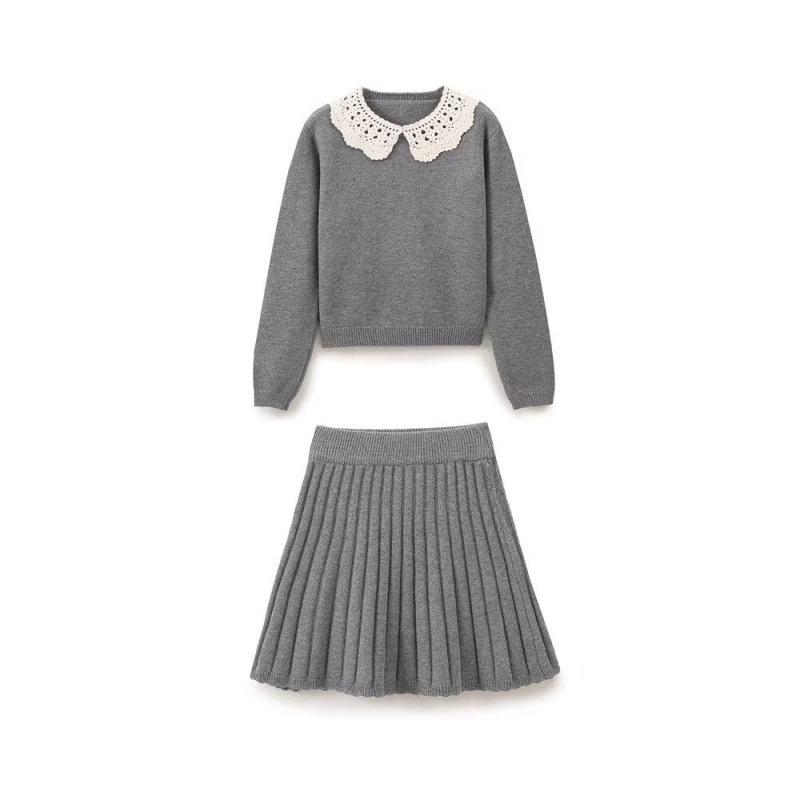 Autumn European & American Women's Color Block Crochet Collar Knit Sweater & Skirt Set