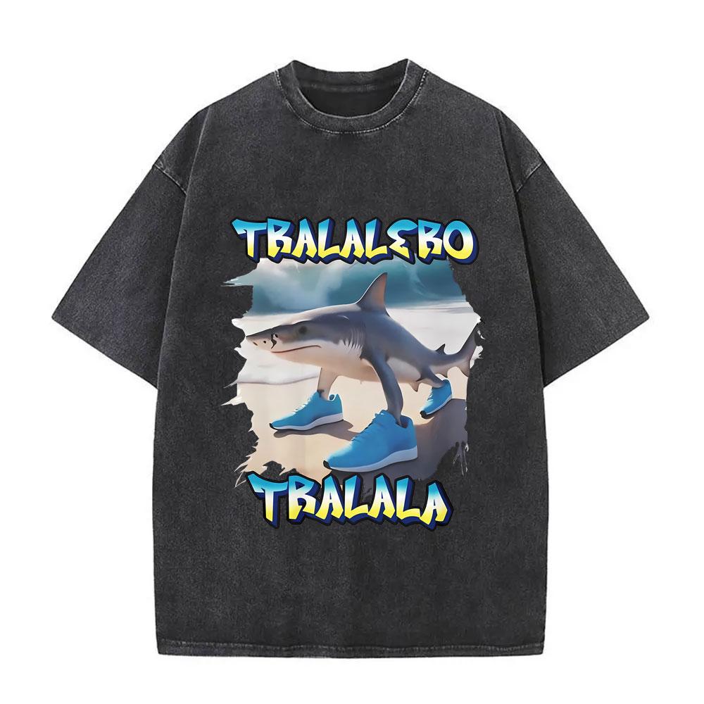 Lirili Larila Vintage Washed Tshirt Funny Ltalian Brainrot Cactus Elephant with Sandals Meme Tshirt Men Women Fashion T Shirts S