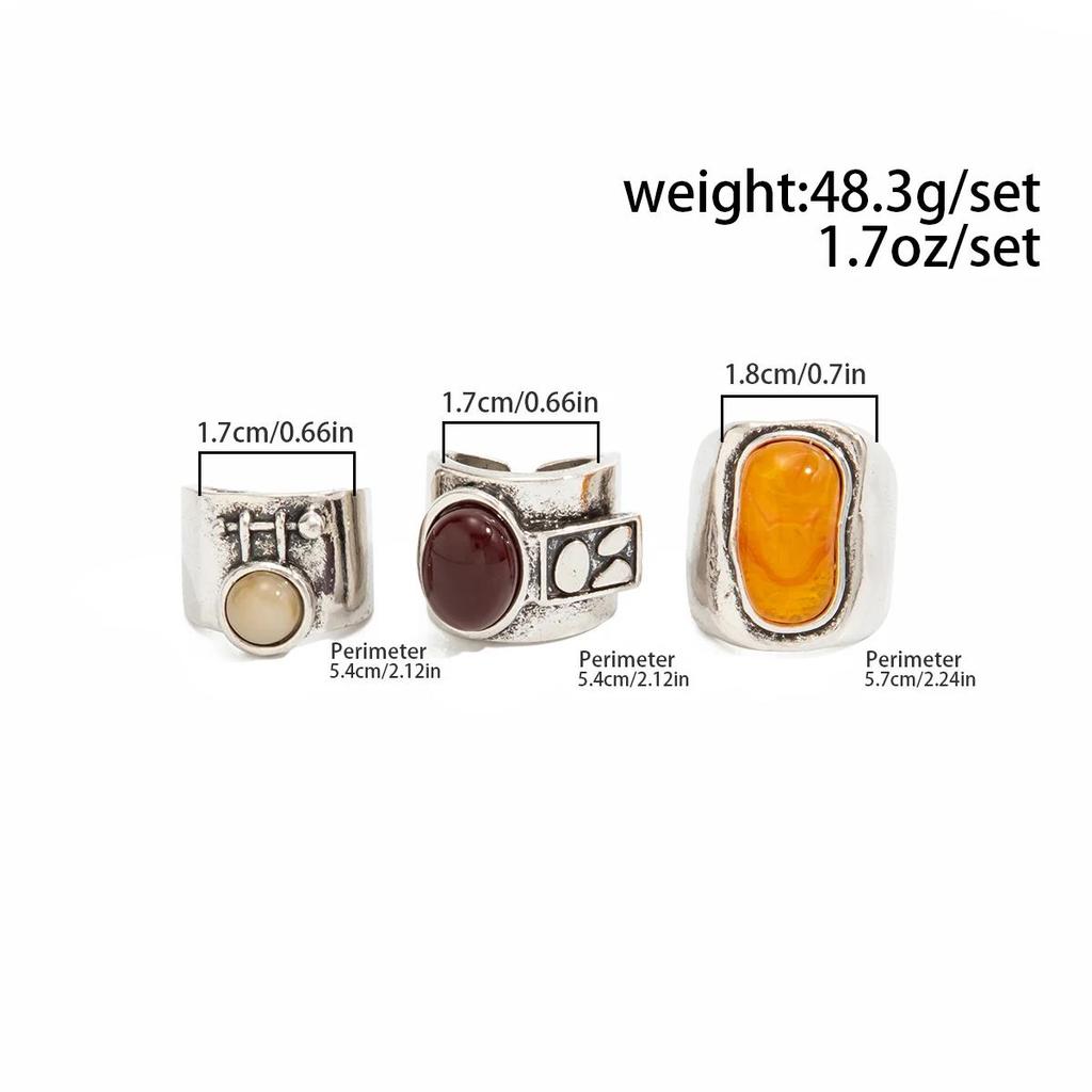New 3Pcs/Set Personality Inlay Resin Rings for Women Vintage Metal Geometric Open Adjustable Ring Party Jewelry Accessories