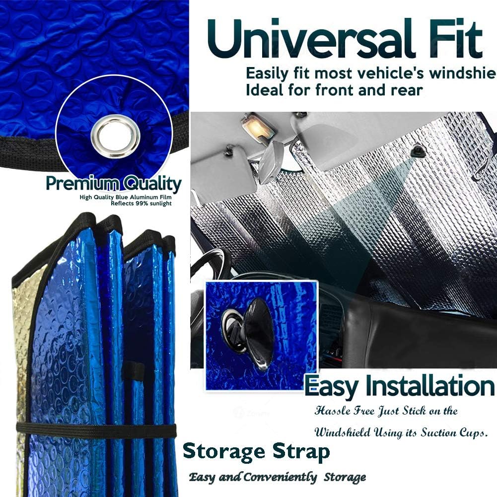Windshield Sunshade Car Foldable UV Ray Reflector Auto Front Window Sun Shade Visor Shield Shade,Keeps Vehicle Cool - Blue (55" X 27.5")
