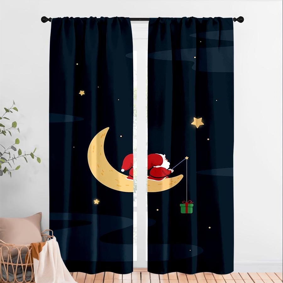 2PCS Digital Print Curtains, Dark Blue Night Sky Moon Santa Claus Fishing Gift Stars, Cute Minimal Cartoon Style - Christmas Hol