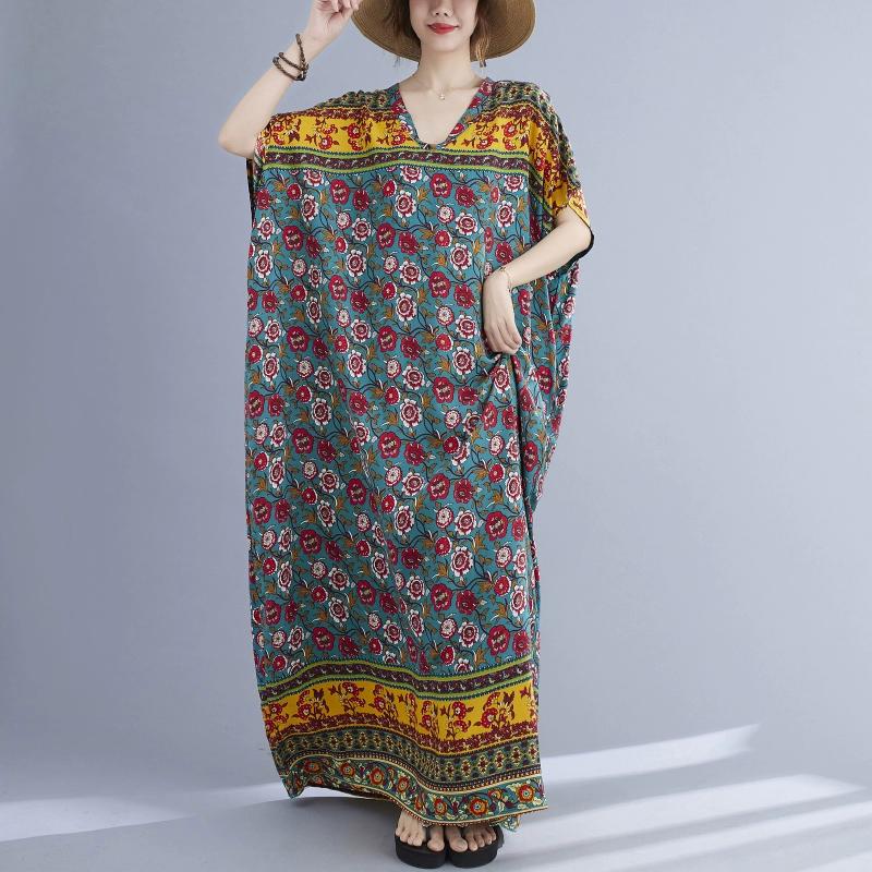 Dimanaf 2024 Plus Size Dress Women Summer V-Neck Sundress Bohemian Floral Print Loose Big Oversize Maxi Dress 5130