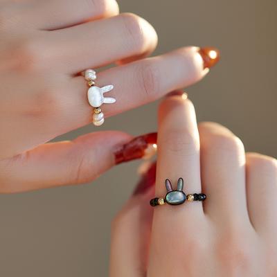 Shopkeeper's Recommendation Original Design Rabbit Mother-of-pearl Freshwater Pearl Rabbit Ring Joint Tail Ring for Japanese and Korean Women