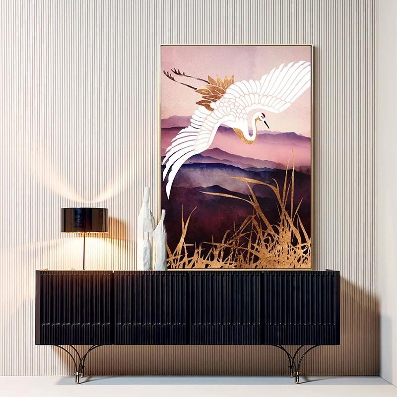 Retro Chinese Style Gold Flying Crane Abstract Sun Animal Canvas Painting Birds Posters Prints Wall Painting for the Living Room