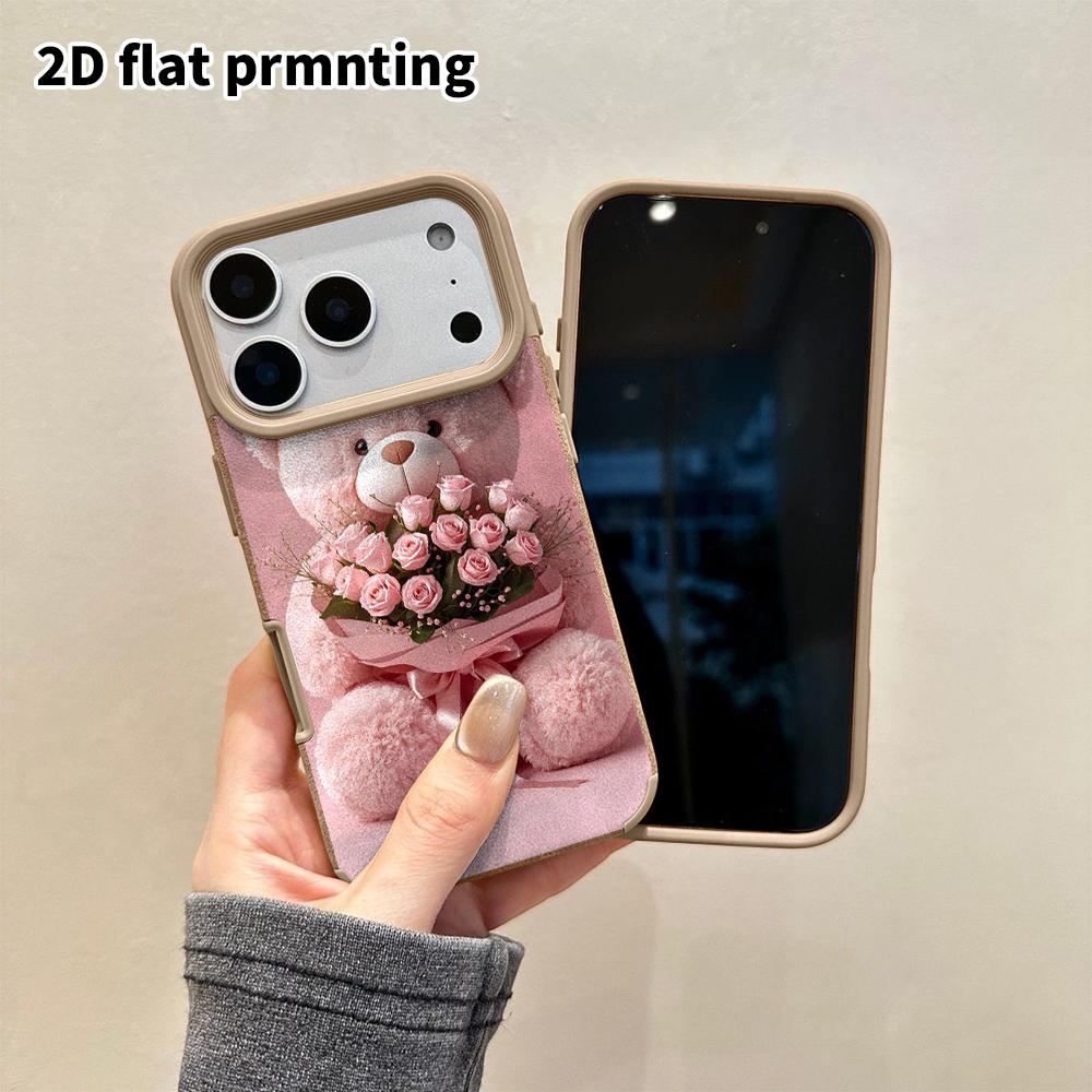 Phone Case: 2D Flat Lambskin Suitable for iPhone 18, 17, 16, 15, 14, 13 Pro Protective Case, Pink Teddy Bear, Christmas and Halloween Gift