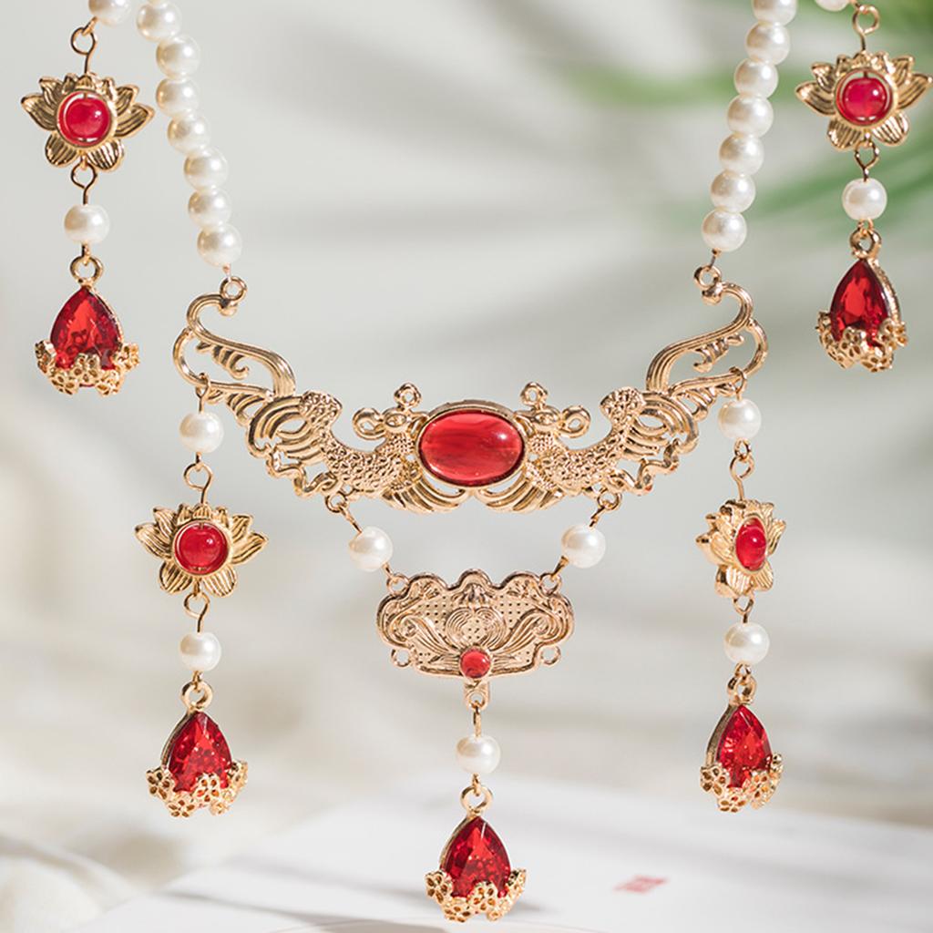 Red Droplet Lotus Necklace Chinese Ancient Jade Fringe Pendant with Pearl Beads Vintage Costume Party Jewelry Choker Accessories