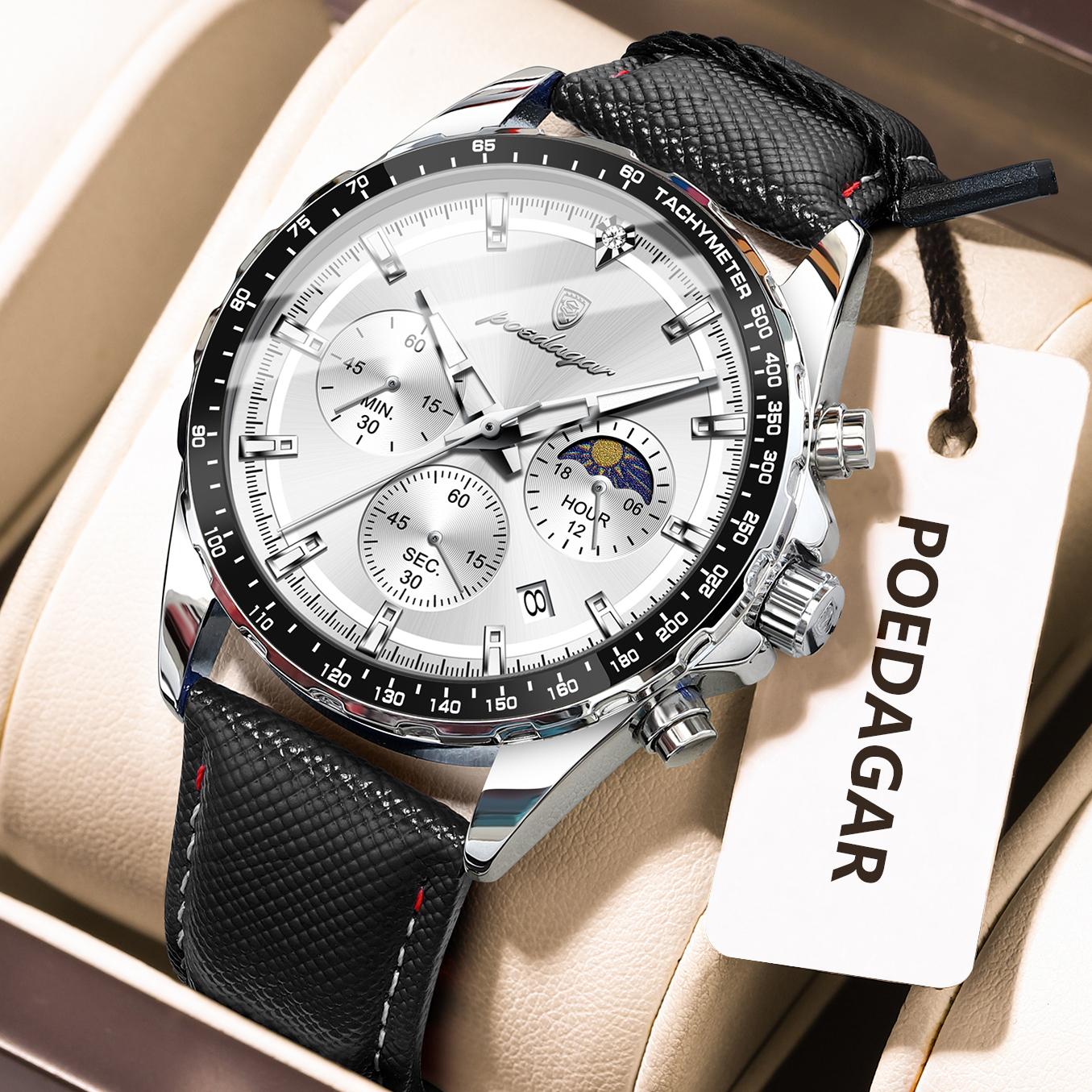 Luxury Sport Leather Quartz Watch 43mm Dial Waterproof Luminous Quartz Watch for Men 879 Sliver White L