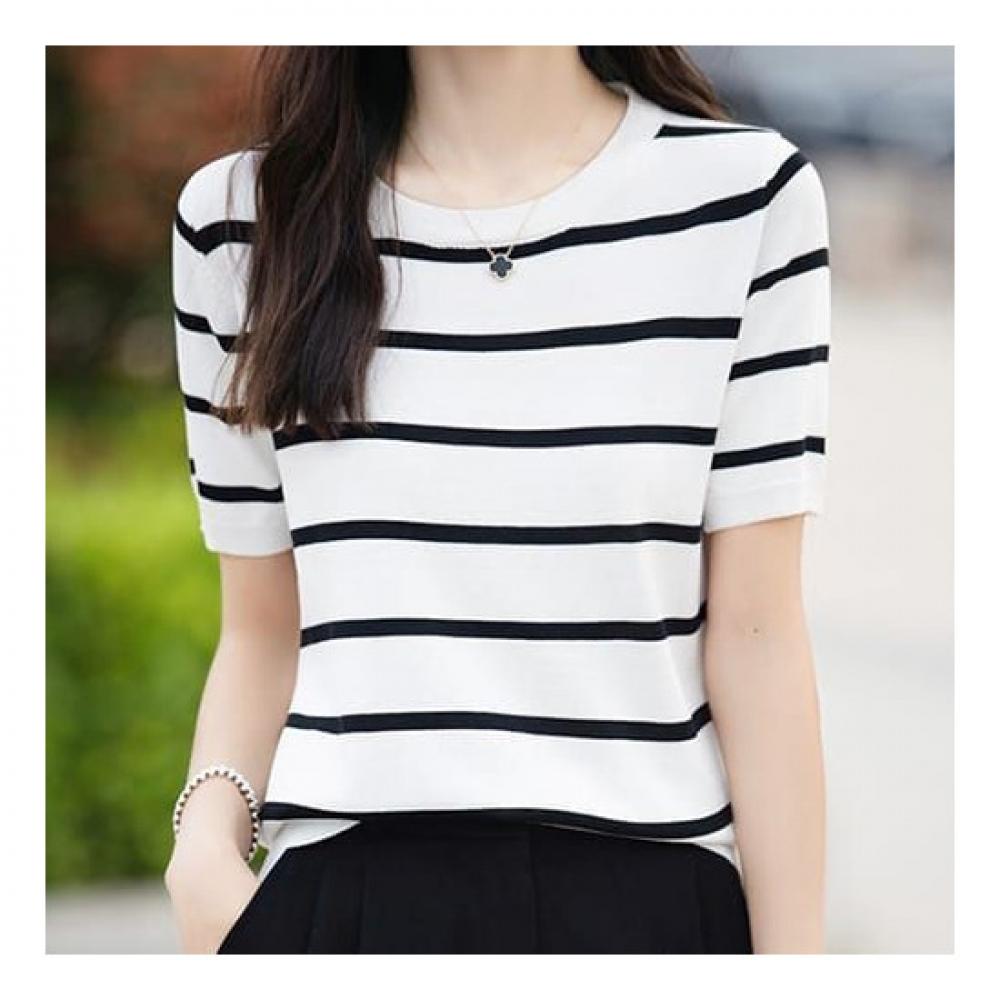 Navava Casual Stripe Round Neck Short Sleeve Knit Nk2147