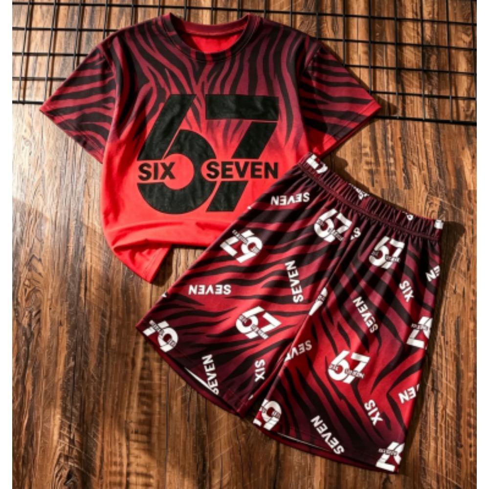Kids Set Zebra Stripe 67 Number Printed Kids T-shirt and Shorts 2 Piece Set Summer Street Casual Outdoor Boy's and Girl's T-shirt Sets