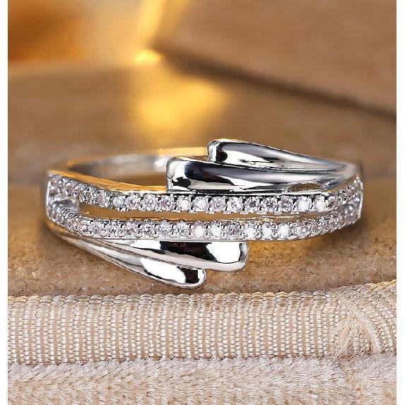 Light Luxury Double-layer Cross-row Diamond Ring Korean-style Minimalist Open Ring with Delicate Cubic Zirconia Accents