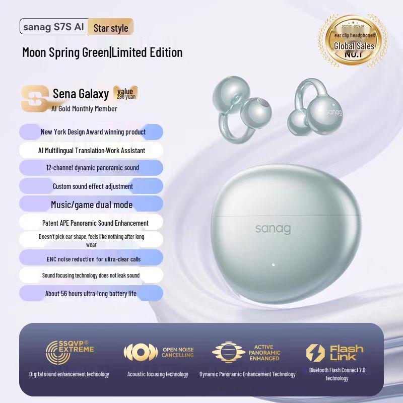 Sanag S7S Bluetooth Ear Clip Earphones with AI Translation and Air Conduction for 2025 Sports - Open, Not In-Ear Design