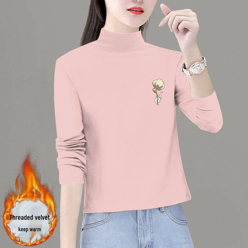 Women's Slimming Plus Size Velvet T-Shirt - Half-High Neck, New for Spring & Autumn 2025