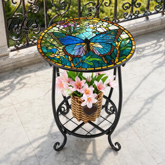 Mesa Lateral Externa Talos, Redonda Pequena Mosaico Pássaro Borboleta Acento de Pátio, Mesa de Apoio para Plantas Café Chá Interna para Quintal Varanda Jardim Sala de Estar, Quarto