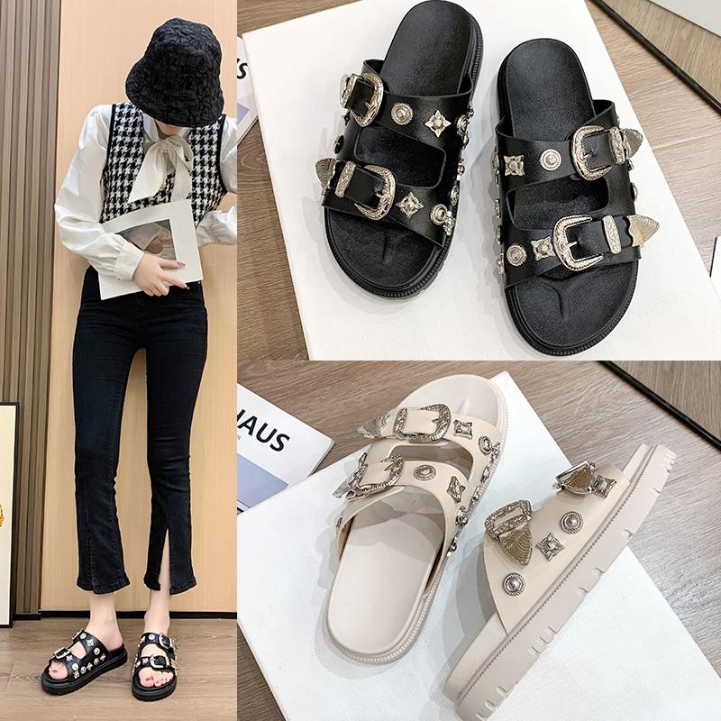 Fashion Thick Flat Sandals Summer New Round Head Set Foot Rivets Metal Buckle Waterproof Table Anti-slip Wear-resistant Slippers