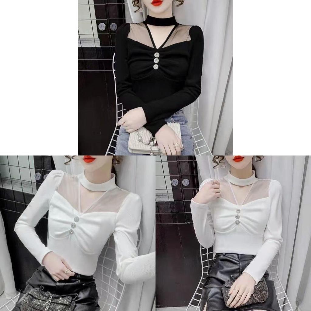 Tshirt For Women Spring Oversize Mesh Panel Stand Collar Embroidered Sleeveless Casual