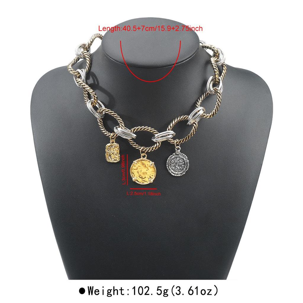 European & American Style Braided Chain Necklace with Coin Alloy Pendant