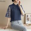 Women Elegant Lace Splice Half Sleeve Summer Casual Stand Collar Blouse