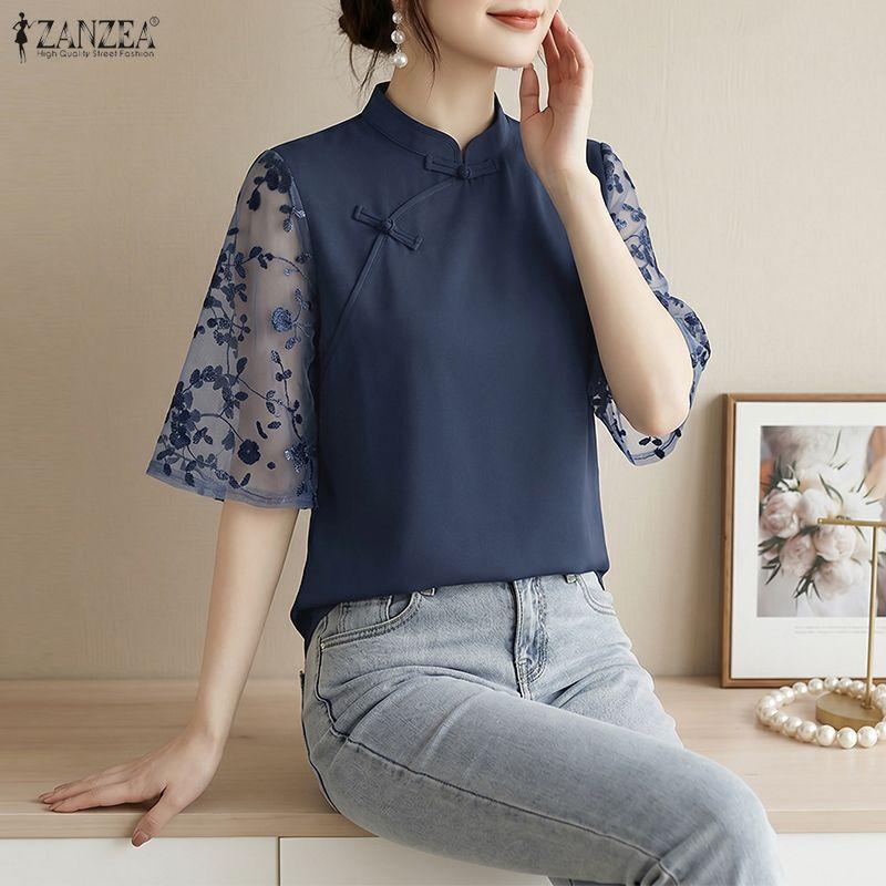ZANZEA Women Elegant Lace Splice Half Sleeve Summer Casual Stand Collar Blouse