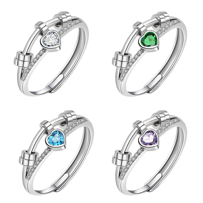 Rotating Heart Ring With Double Layer Zircon Anxiolytic Stress Relief Jewelry Unique Linear Design Spinner Ring For Women