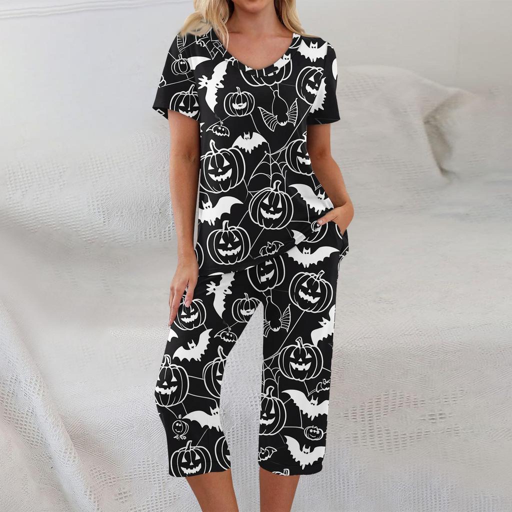 Conjuntos de 2 piezas para mujer Top de manga corta y pantalones con bolsillos Conjuntos suaves de entrenamiento con estampado de Halloween
