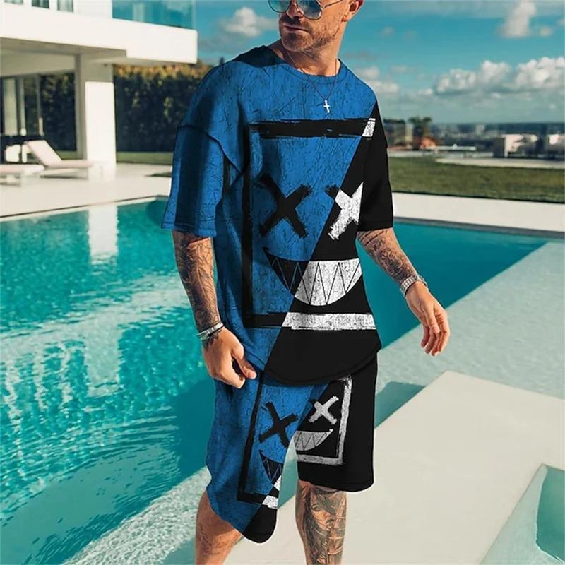 Men's T-Shirt Shorts Set Retro Skull Casual Fashion Pattern Stereoscopic 3D Print Short Sleeve Shorts Set Streetwear Summer New