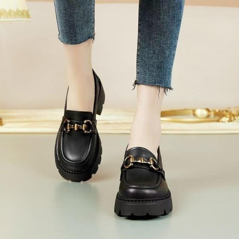 Women's Shoes Soft Leather Autumn New Versatile Small Leather Shoes Thick Sole Height Increase One Pedal Single Shoes