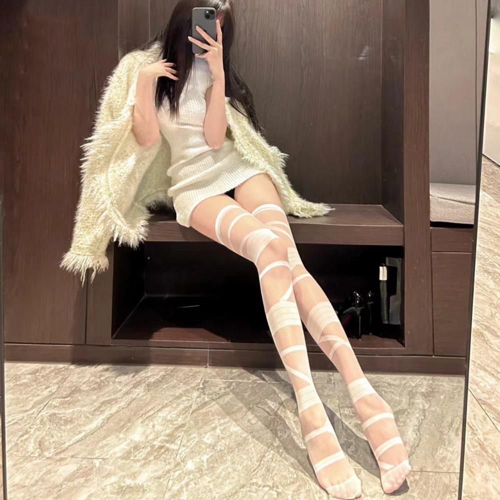 Domila Sexy Straps Stockings Babes JK Long Tube Knee Socks Pure Lust Lolita Subculture Y2k White Silk