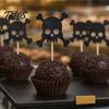 Stiff Cake Topper for Stability 8 Pcs Halloween Glitter Cupcake Picks, Spooky Black Skull Decoration Toppers, Gothic Birthday Party Supplies