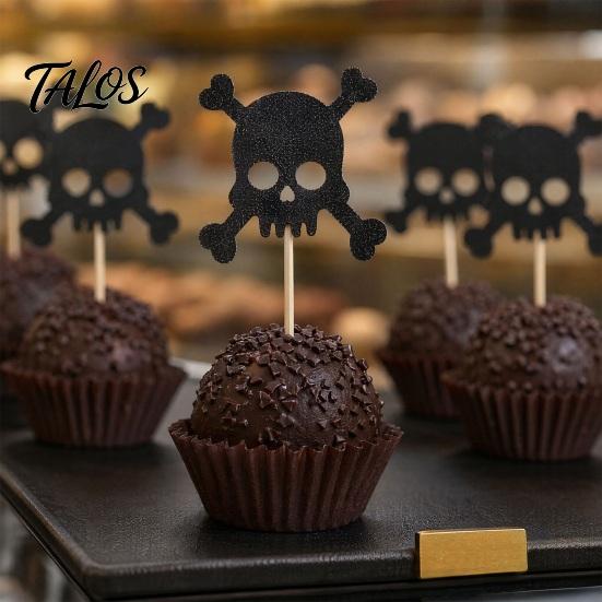 Stiff Cake Topper for Stability 8 Pcs Halloween Glitter Cupcake Picks, Spooky Black Skull Decoration Toppers, Gothic Birthday Party Supplies