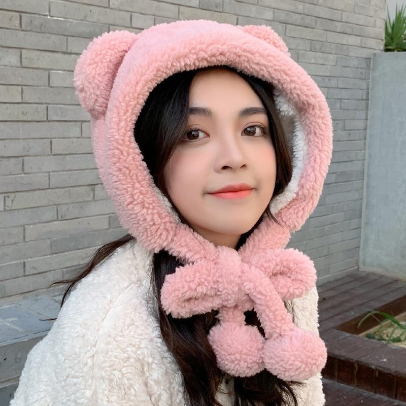 Winter Cute Bear Ears Warm Hat Women Beanies Windproof Cap Student Women Add Wool Cap Female Bomber Hat Present