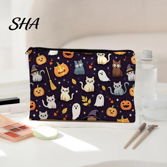 Compact Storage for Small Items Halloween Bag, with Pumpkin Ghost Print, Durable Canvas Cute Festive Zippered Pencil Case Large Capacity Makeup Pouch,
