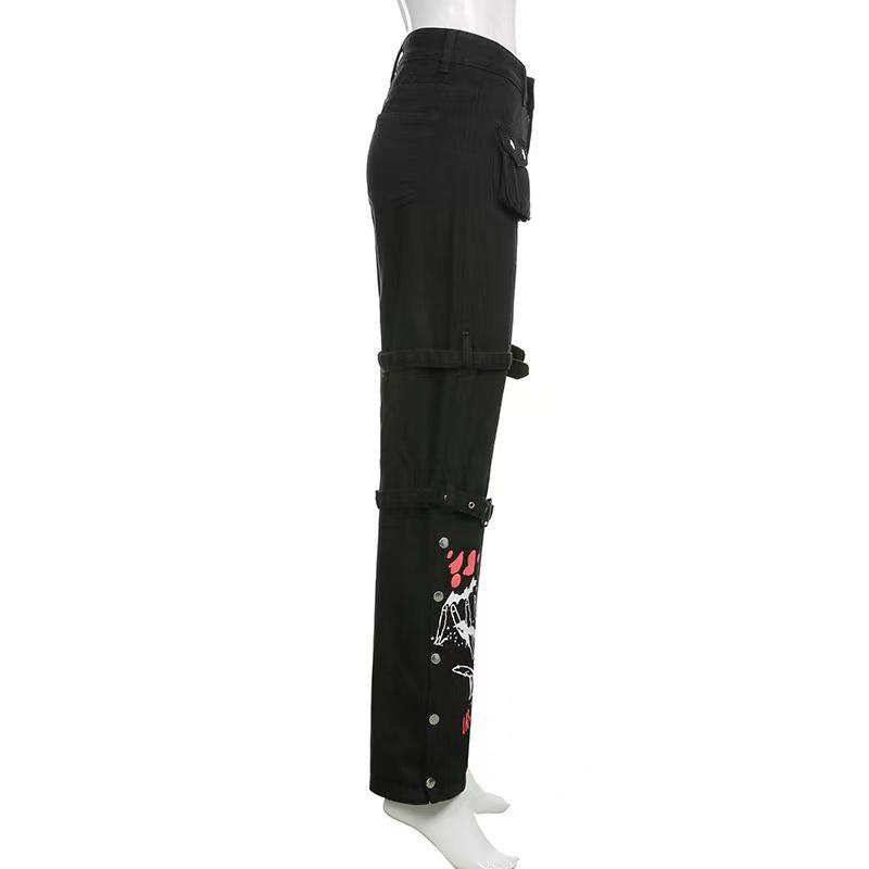 2023 Spring/Summer Chic European-American Print Metal Buckle Denim Draping Pants