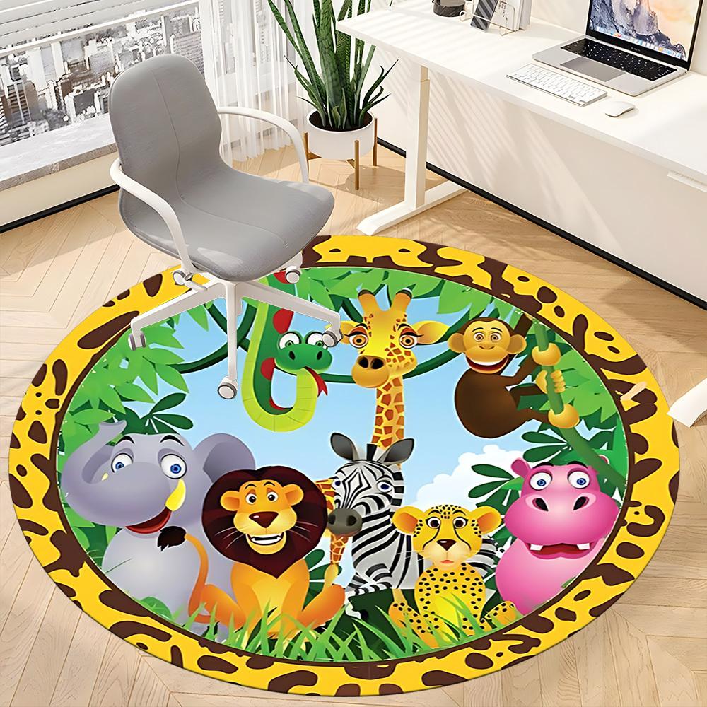1pc Jungle Friends Chair Carpet for Office, Round Polyester Mat, Indoor Decor for Office, Easycare Fabric, Washable Non-slip Area Carpet