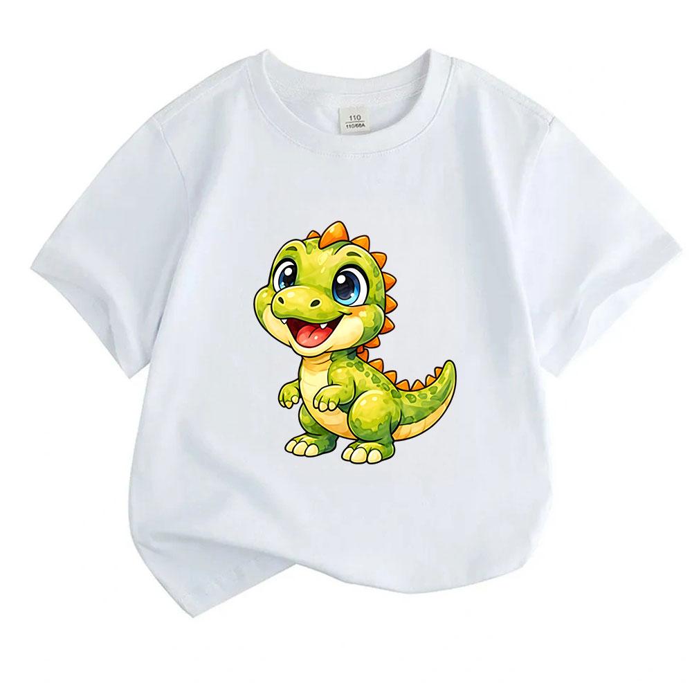 Cute Cartoon Dinosaur Print Kids T Shirt 100% Cotton Round Neck Short Sleeve Unisex Boys Girls Casual Comfortable Summer Tops for Daily Wear