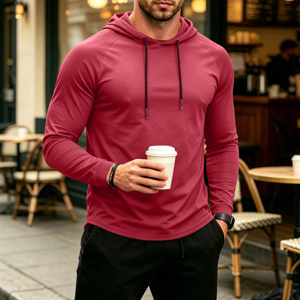 Men's Casual Breathable Hooded Sun Protection Long Sleeve Shirt Lightweight Athletic Pullover with Adjustable Drawstring Hood for Outdoor Activities