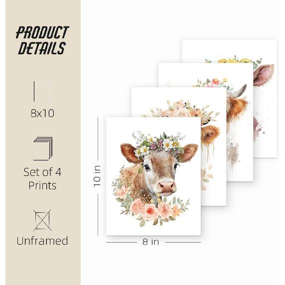 ETVISO Highland Cow Wall Art, Nursery Decor Wall Art Prints Set of 4, Western Floral Baby Cow Watercolor Wall Decor, Highland Cow Baby Shower
