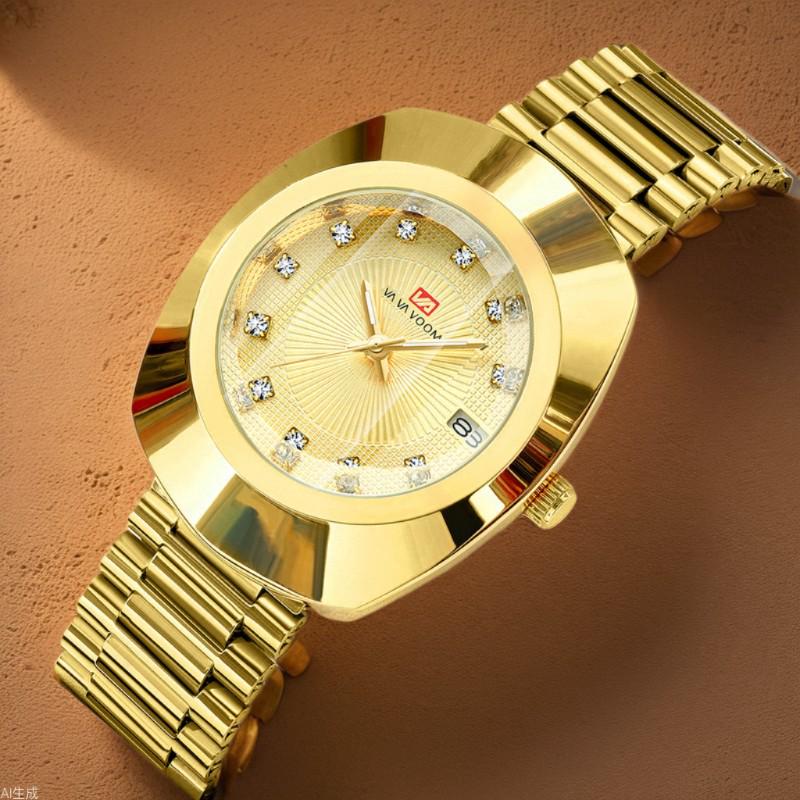 Gold Diamond-Set Waterproof Quartz Couple Watch with Steel Band
