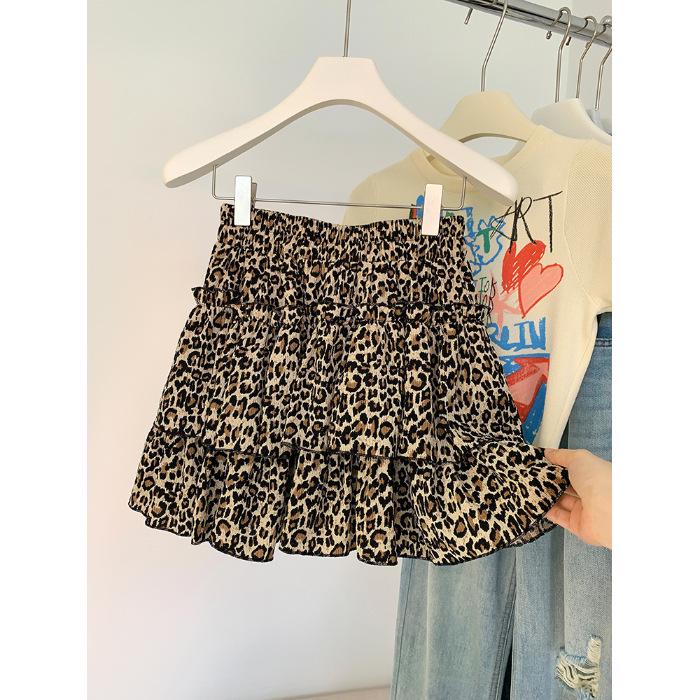 Leopard Print High-Waist Ruffled Skirt - Summer 2024 Women's Pleated Short Skirt with Elastic Waist
