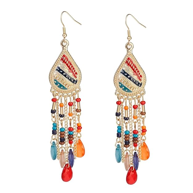 Earrings for Women and Girls Fashion Dangler Earrings | Gold Plated Long Beaded Tassel Earrings Bohemia Dangler Earrings Onesize