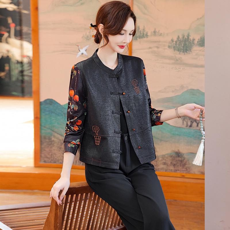 Mom's Stylish Faux Leather Jacket: Autumn Long Sleeve Print for Middle-Aged & Elderly Women