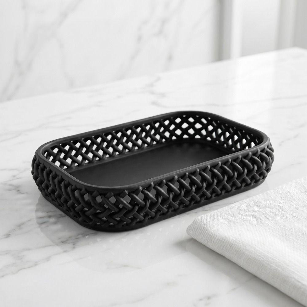 Imitation Rattan Desk Storage Tray Hollow Out Organizer Woven Storage Tray Simple Sundries Storage Dish Dressing Table