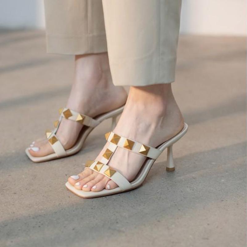 women's sandals summer  luxury Genuine Leather Slippers Rivets High Heels shoes Casual Ladies shoes platform heeled sandals