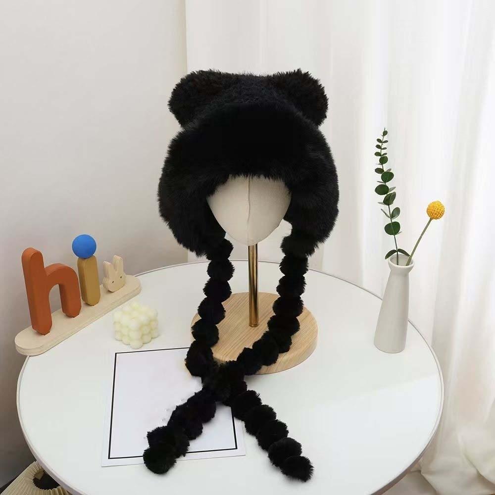 Fleece Lined Fleece Knit Beanie Fur Brim Earflap Winter Cap Pompom Braids Hat  Skiing