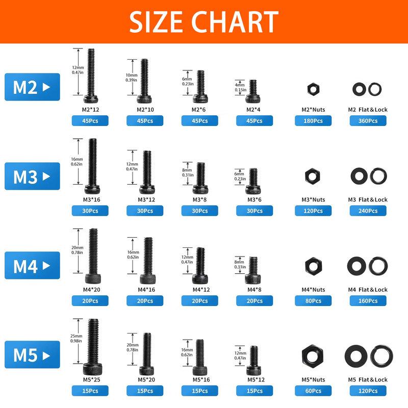 1760PCS Metric Screw Assortment Kit (M2/M3/M4/M5) - Grade 12.9 Alloy Steel Hex Socket Head Cap Bolts & Nuts, Black